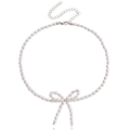 Elegant pearl choker necklace featuring a central pearl bow design with silver metal clasp - Oval Pearl - Steel (ZW3256)
