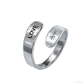 Silver stainless steel open ring with LOVE engraving and cross symbol detail - Love / Steel