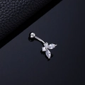 Silver butterfly belly ring with marquise-cut zircon stones on a black reflective surface - Small Butterfly Silver
