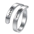 Polished silver stainless steel open ring featuring engraved Never Give Up script - Never Give Up / Steel