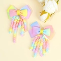 Pair of rainbow gradient bow hair clips with spiral ribbon tassels for girls - Light Gradient
