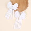 Pair of white ribbon bow hair clips with elegant long curly tassel streamers for kids - White