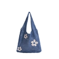 Blaue Strick-Einkaufstasche mit weißen Blumenmustern und Mesh-Hohlraum-Design - Blau-weißes Blumenmuster