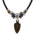 Vintage western bolo tie met bronzen tribale hanger en gevlochten lederen koord - Koffie Antiek Zwaard Ketting