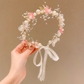 Pink and white flower headband with pearls and chiffon ribbons for girls' hair - Pearl Flower Headband / White