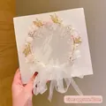 Golden flower girl headband with white pearls, pink blossoms and organza ribbon - Pearl Flower Headband / Pink