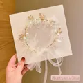 Blue flower and pearl hair wreath for girls with white chiffon ribbon, length 40cm - Pearl Flower Headband / Blue