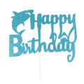 Blue glitter Happy Birthday cake topper featuring shark and fin elements for ocean party - 10458 Ocean Shark Theme Plugin