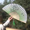 Elegant Chinese folding fan with green floral butterfly print and matching tassel - Gradient Green Butterfly & Floral Style (Smile Fan 48)