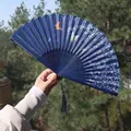 Classic blue silk folding fan with butterfly patterns and dark blue tassel accessory - Blue Floral Butterfly Style (Smile Fan 09)