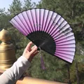 Classic purple gradient folding fan with ink floral patterns and matching tassel - Purple Gradient Floral (Fan 40)
