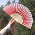 Traditional Chinese silk folding fan with red gradient cherry blossom design and tassel - Red-Pink Gradient Butterfly & Cherry Blossom Design (Fan 20)
