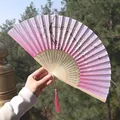 Pink cherry blossom gradient folding fan with decorative tassels and bamboo frame - Pink-Purple Gradient Butterfly Sakura Style (Smile Fan 16)