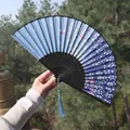 Chinese style folding fan with blue gradient silk surface and cherry blossom patterns - Blue Gradient Sakura Butterfly Fan (30)