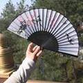 Traditional Chinese folding silk fan with bird floral patterns and grey tassel - Grey Magpie & Plum Blossom Style (Smile Fan 34)