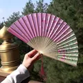 Pink and green silk folding fan with cherry blossom pattern and matching tassel charm - Pink-Green Gradient Cherry Blossom Style (Smiling Fan 32)
