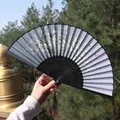 Classic blue folding fan with white cherry blossoms, pink butterflies and black tassel - Gray-Blue Butterfly Cherry Blossom Style (Smile Fan 31)