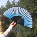 Blue gradient silk folding fan with flower pattern, butterfly detail and long tassel - Blue & White Gradient Butterfly Flower Style (Smile Fan 07)