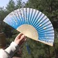 Blue gradient silk folding fan with cherry blossoms, bamboo ribs and matching tassel - Blue Gradient Cherry Blossom & Butterfly Style (Smile Fan 08)