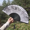 Chinese silk folding fan with Jiangnan water town ink painting and black tassel decor - Jiangnan Water Village Ink Wash Style (One Smile Fan 98)