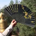 Classic black silk folding fan with pink plum blossom patterns and long tassel - Black Satin Plum Blossom & Ancient Poem Style (Fan 91)