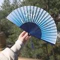 Classical Chinese silk folding fan with blue gradient, floral pattern and blue tassel - Blue Gradient Flower & Butterfly Style (Smile Fan 90)
