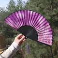 Traditional Chinese purple folding fan with butterfly prints, floral patterns and tassels - Purple Butterfly Print Style (Smile Fan 89)