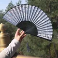 Classic Chinese folding fan in grey-blue with pink cherry blossoms and a grey tassel - Gray-Blue Cherry Blossom Style (Smile Fan 79)