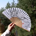 Chinese silk folding fan featuring ink bamboo painting, hollow bamboo ribs and grey tassel - Ink Wash Bamboo Shadow Style (Fan 75)