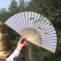 Chinese bamboo folding fan with ink painting of fish and willow tree with white tassel - Style 74