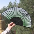 Chinese vintage folding fan featuring green gradient ink art and elegant silk tassels - Gradient Green Ink Wash Bird Fan Style (73)