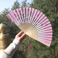 Pink cherry blossom bamboo folding fan with purple butterfly and silk tassel - Light Pink Cherry Blossom & Butterfly Style (65cm Fan)