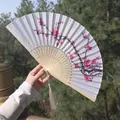 Traditional Chinese folding fan with pink plum blossom painting and white silk tassel - White & Pink Plum Blossom Style (Smile Fan 59)