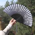 Traditional Chinese folding fan with grey-purple floral and butterfly prints and tassels - Gray Purple Butterfly Flower Style (Fan 58)