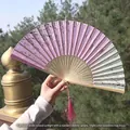 Pink cherry blossom folding fan with green gradient silk and elegant pink tassel - Pink & Green Gradient Cherry Blossom Style (One Smile Fan 53)