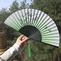 Traditional folding fan with gradient green fabric, floral patterns and green tassel - Light Green Gradient Butterfly & Flower Style (Yixiao Fan 41)