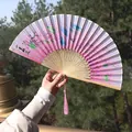Pink gradient silk folding fan with peach blossom patterns and a pink silk tassel - Pink & White Peach Blossom Style (Yixiao Fan 06)