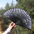 Classic Chinese folding fan with white cherry blossom print and grey silk tassel - Black Satin Cherry Blossom Butterfly Style (Smile Fan 11)