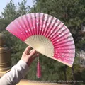 Pink cherry blossom folding fan with carved bamboo ribs and matching silk tassel - Pink Gradient Cherry Blossom Style (Style 13)