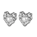 Silver heart stud earrings with white pearl and wrinkled metal texture finish - Irregular Texture Heart Artificial Pearl Style (841-01)