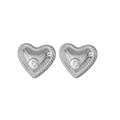 Silver vintage heart stud earrings with radial texture and sparkling white zircon centers - Sunburst Heart Rhinestone Style (842-01)