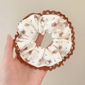 Detail of cream floral scrunchie with cute bear print and brown lace crochet trim - Brown Edge Bear / Beige
