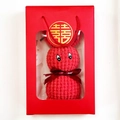 Red coral fleece bunny towel shaped gift in a matching window display gift box - Red + Red Double Happiness Gift Box