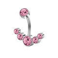 Polished stainless steel belly button ring with fan-shaped pink zircon crystals - Pink