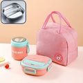 Draagbare 304 roestvrijstalen lunchbox set met thermische tas en soepbeker in roze - [2-Vaks] Roze Set