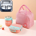 Roze en groene draagbare 304 roestvrijstalen lunchbox set met geïsoleerde koeltas - [3-Vaks] Roze Set