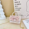 Pink tweed mini bag for girls with large bow, pearl handle and gold chain strap - Bowknot Style-White