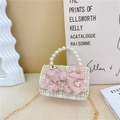 Pink tweed girls princess handbag with pearl handle and bow in crossbody style - Bowknot Style - Khaki