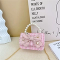 Pink tweed girls mini handbag with pearl handle and ribbon bow in a princess style - Bowknot Style-Pink