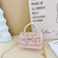 Pink tweed girl's handbag with pearl handle, chain strap, and large bow decoration - Bowknot Style - Multi-color